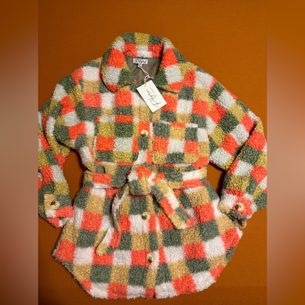 Polagram Fleece Belted Jacket Button Closure Size Small NWT Earthy Tones Cute!